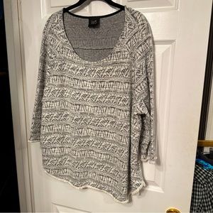 Anthropologie W5 2X Black White Print 3/4 SLEEVE Fringed Cotton Blend  Knit Top